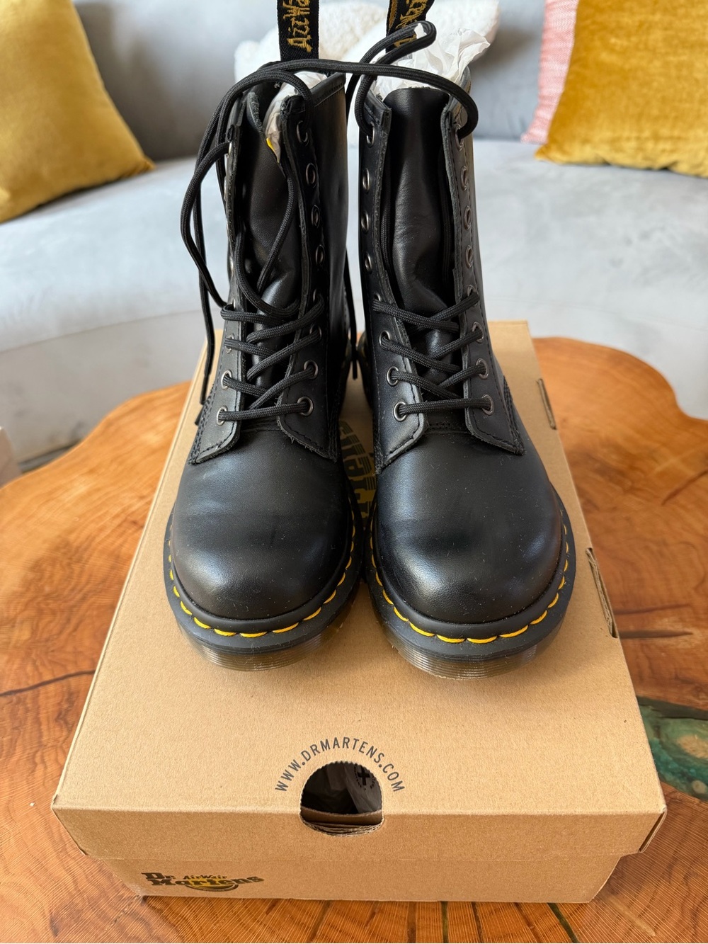 Dr. Martens Black Lace-Up Boots with Yellow Stitching Size 6